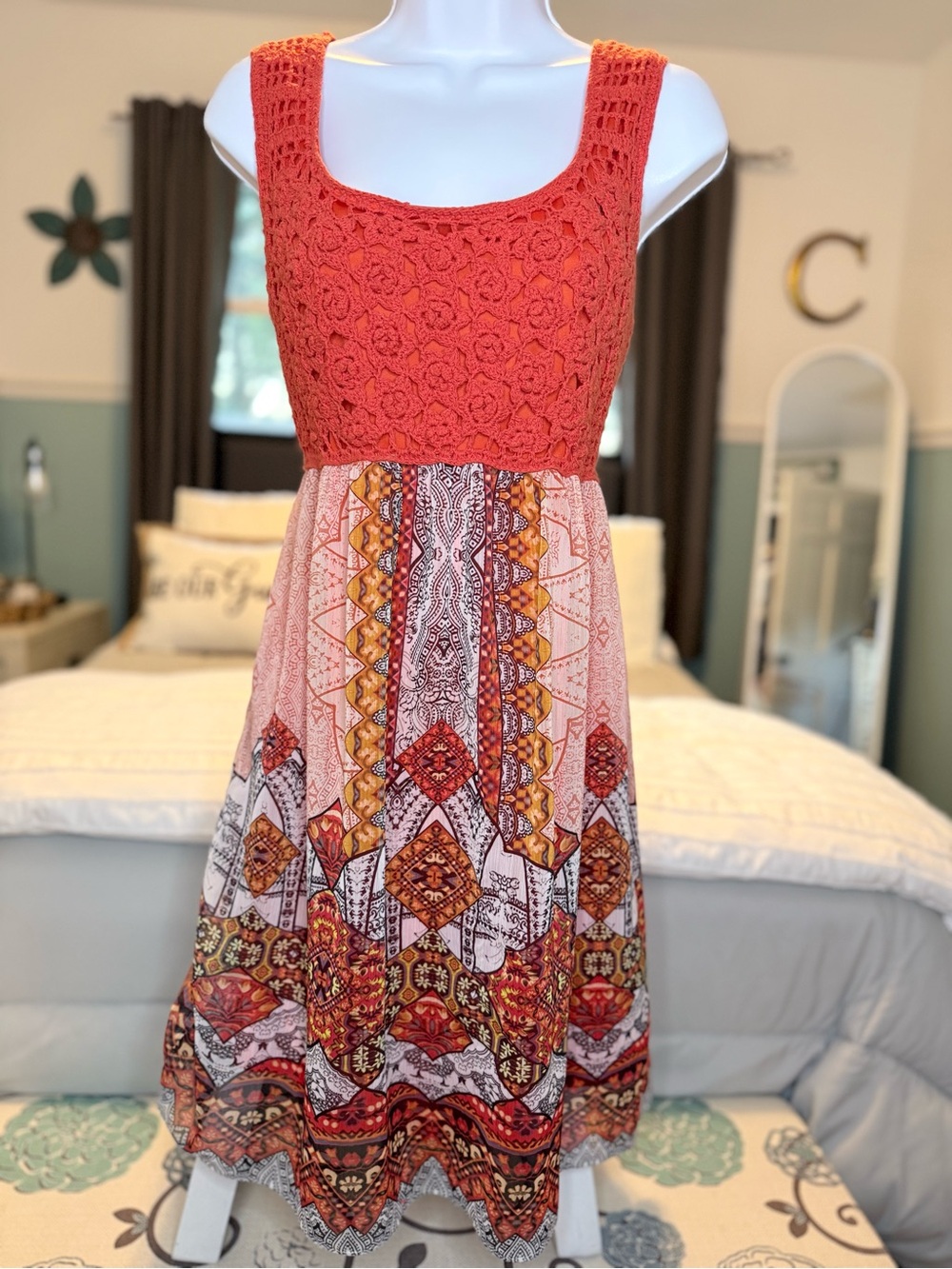V Cristina Coral Crochet Bodice Printed Mini Dress